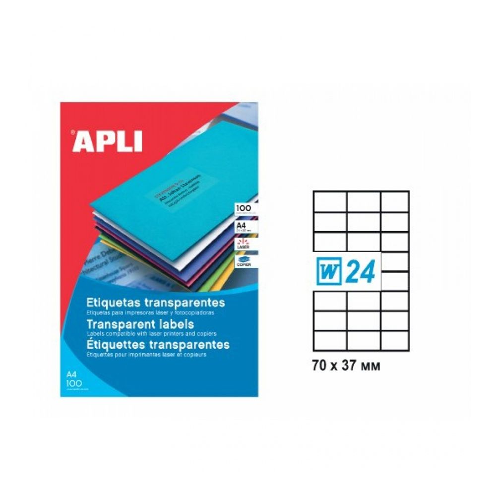 Самозалепващи етикети APLI Laser 01224 , прозрачни полиестерни, А4, 70х37 мм, 24 бр./л., 20л.