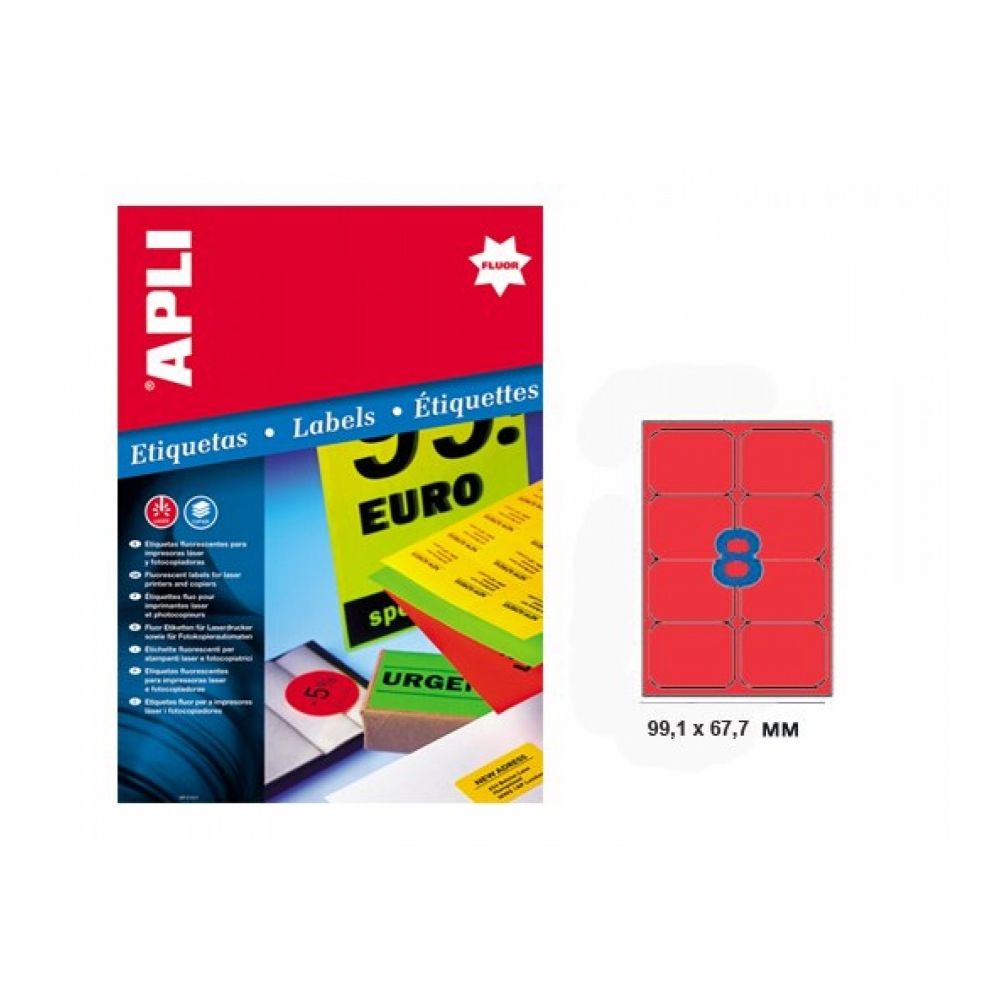 Самозалепващи етикети APLI Laser/Copier/Inkjet 2876, червен неон , А4, 99.1х67.7 мм, 8 бр./л., 20 л.
