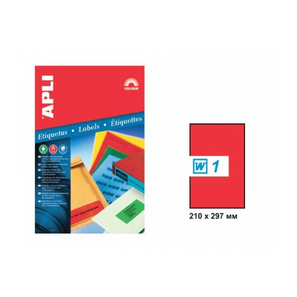 Самозалепващи етикети APLI Laser/Copier/Inkjet 2880, червен неон, А4, 210х297 мм, 1 бр./л., 20 л.