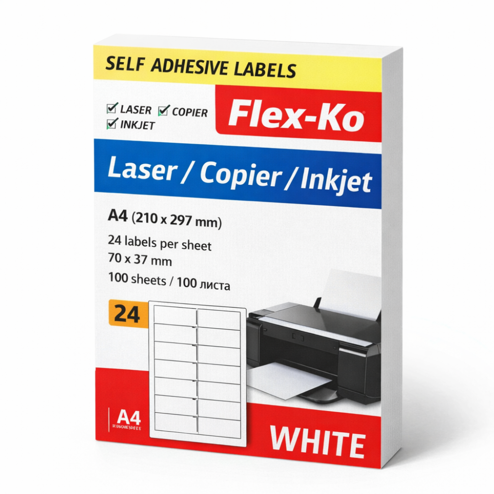 Самозалепващи етикети Flex-Ko Laser/Copier/Inkjet , бели, A4, 70x37 мм, 24 бр/л., 100 л.