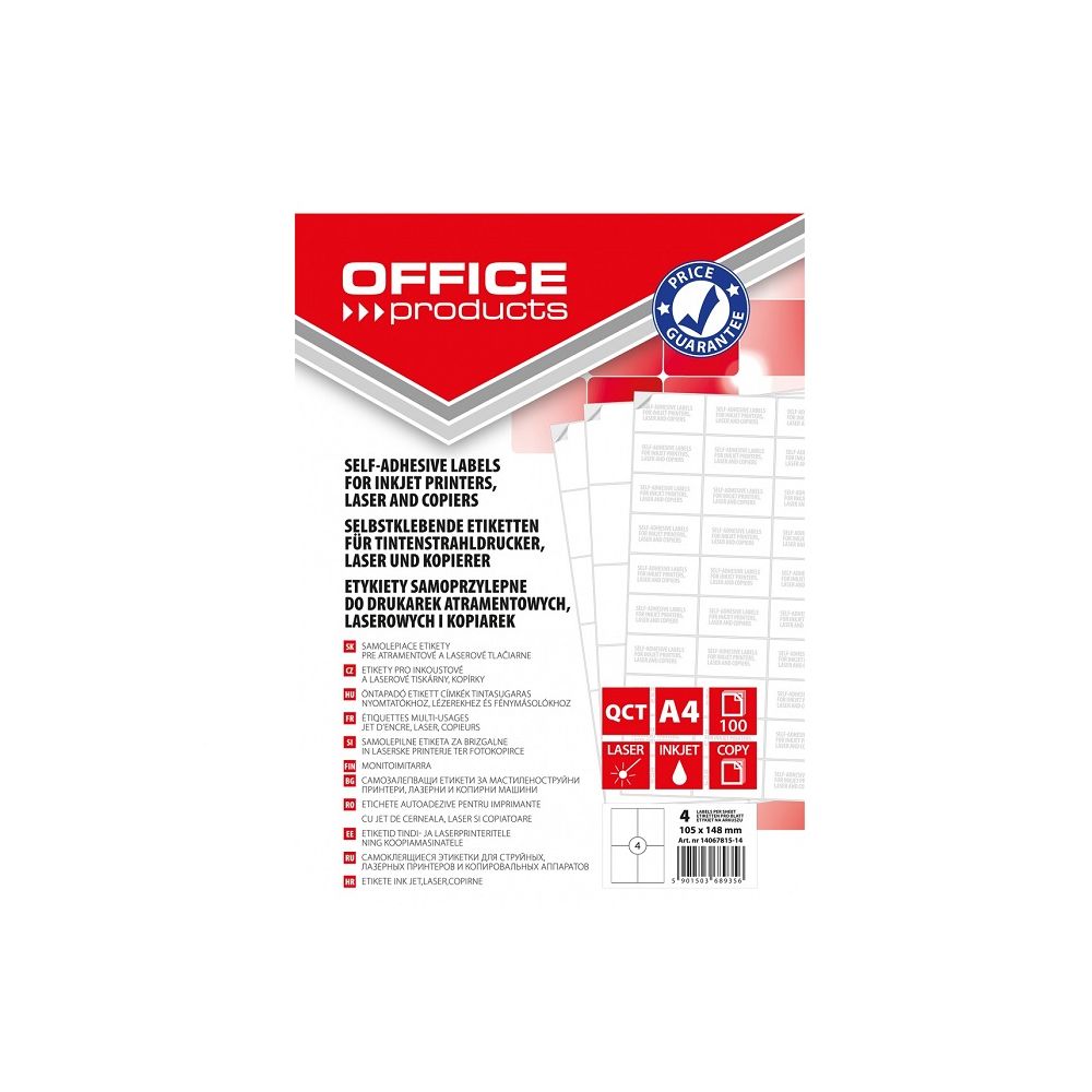 Самозалепващи етикети OFFICE PRODUCTS Laser/Copier/Inkjet, бели, А4, 105х148 мм, 4 бр./л.,100 л.