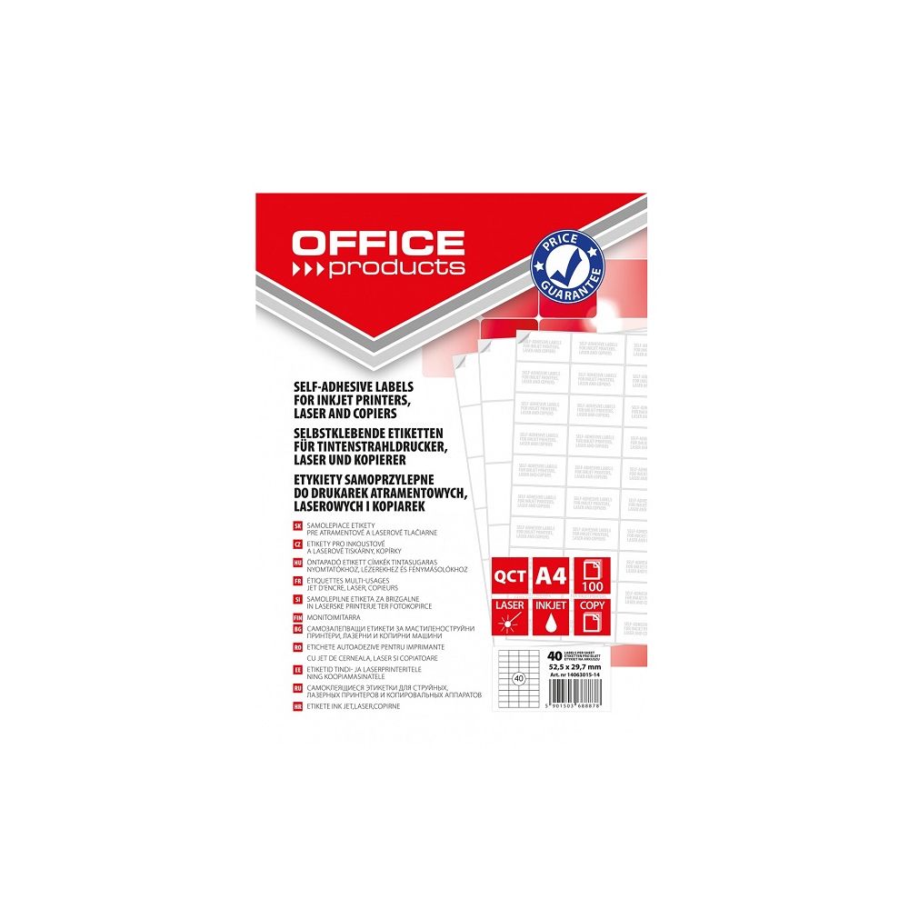 Самозалепващи етикети OFFICE PRODUCTS Laser/Copier/Inkjet, бели, А4, 52.5х29.7 мм, 40 бр./л., 100 л.