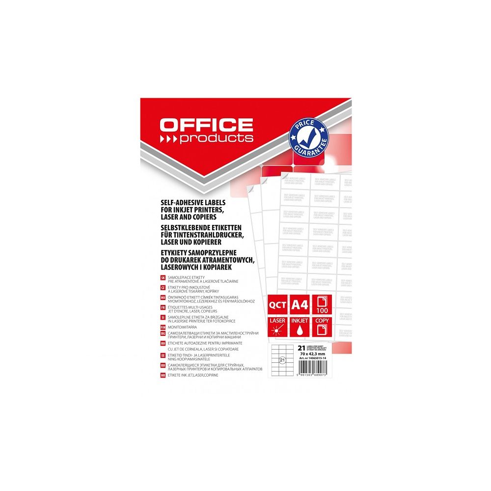 Самозалепващи етикети OFFICE PRODUCTS Laser/Copier/Inkjet, бели, А4, 70х42.3 мм, 21 бр./л., 100 л.