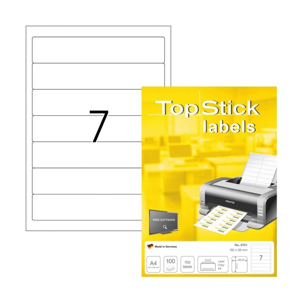 Самозалепващи етикети TopStick 8721 Laser/Copier/Inkjet, бели, А4, 7 бр/л., 192х38 мм, 100л.