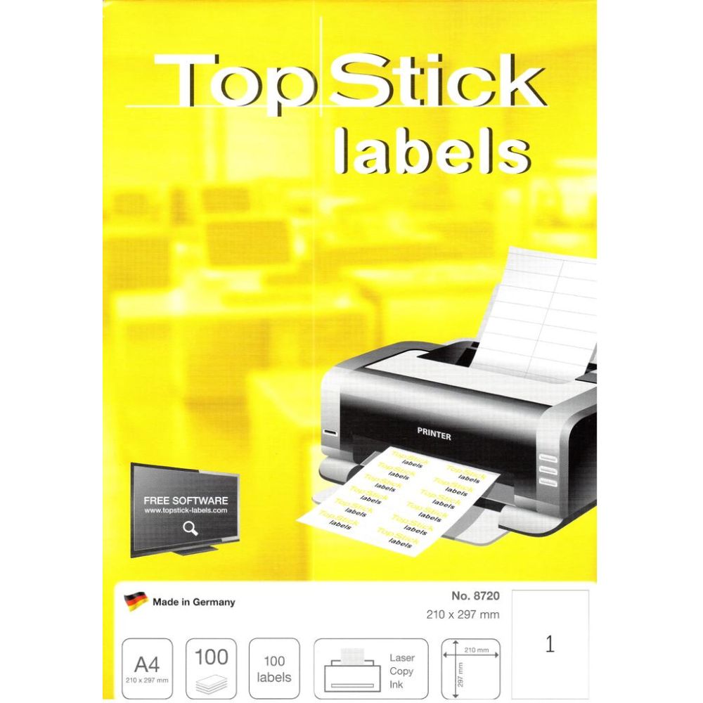 Самозалепващи етикети TopStick 8721 Laser/Copier/Inkjet, бели, А4, 7 бр/л., 192х38 мм, 100л.