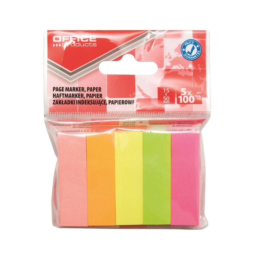 Самозалепващи индекси OFFICE PRODUCTS, хартиени, 15х50 мм, 5х100 л., микс, неонови