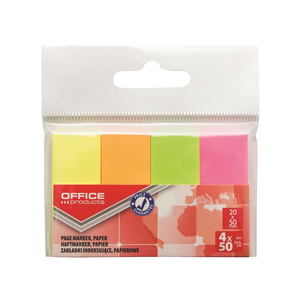 Самозалепващи индекси OFFICE PRODUCTS, хартиени, 20х50 мм, 4х50 л., микс, неонови