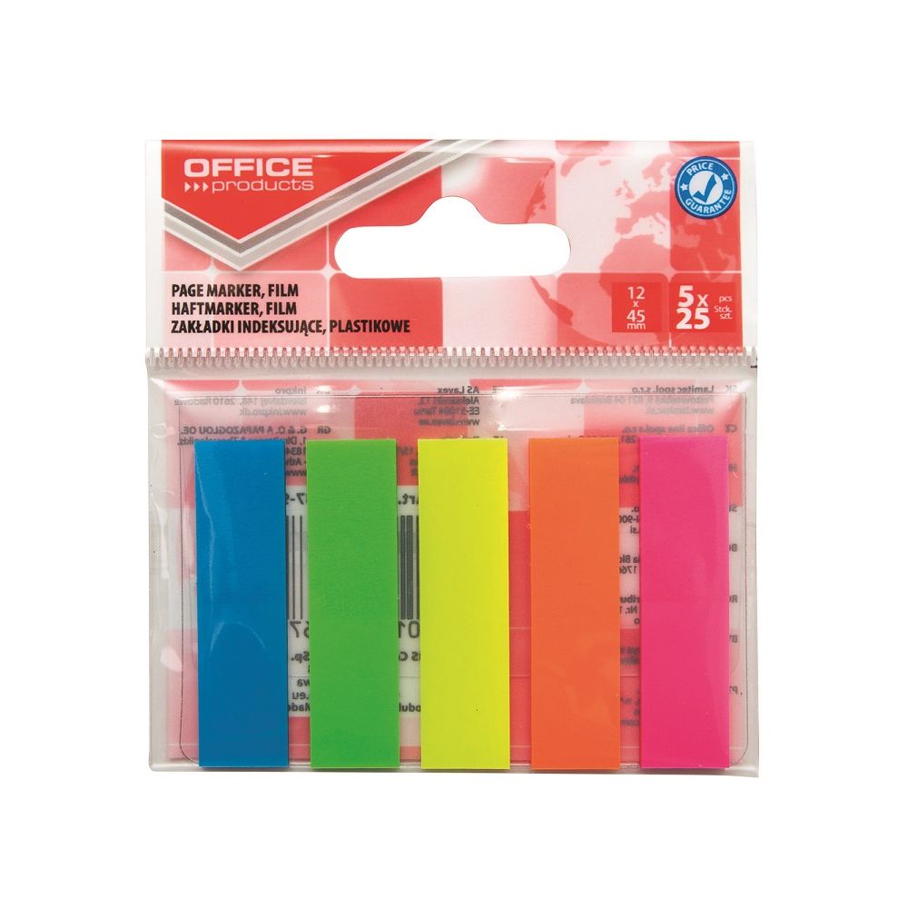 Самозалепващи индекси OFFICE PRODUCTS, PVC, 12х45 мм, 5х25 л., микс, неонови