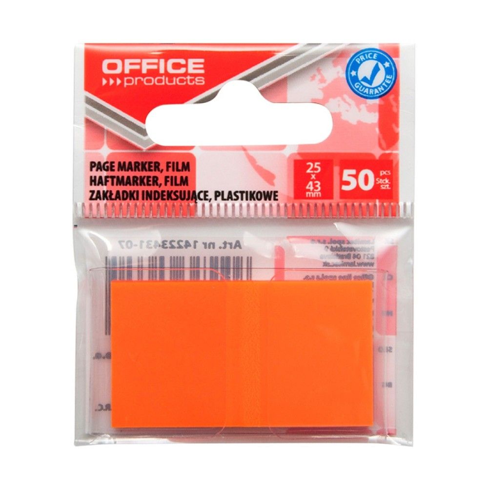 Самозалепващи индекси OFFICE PRODUCTS, PVC, 25х43 мм, 50 л., неоново оранжеви