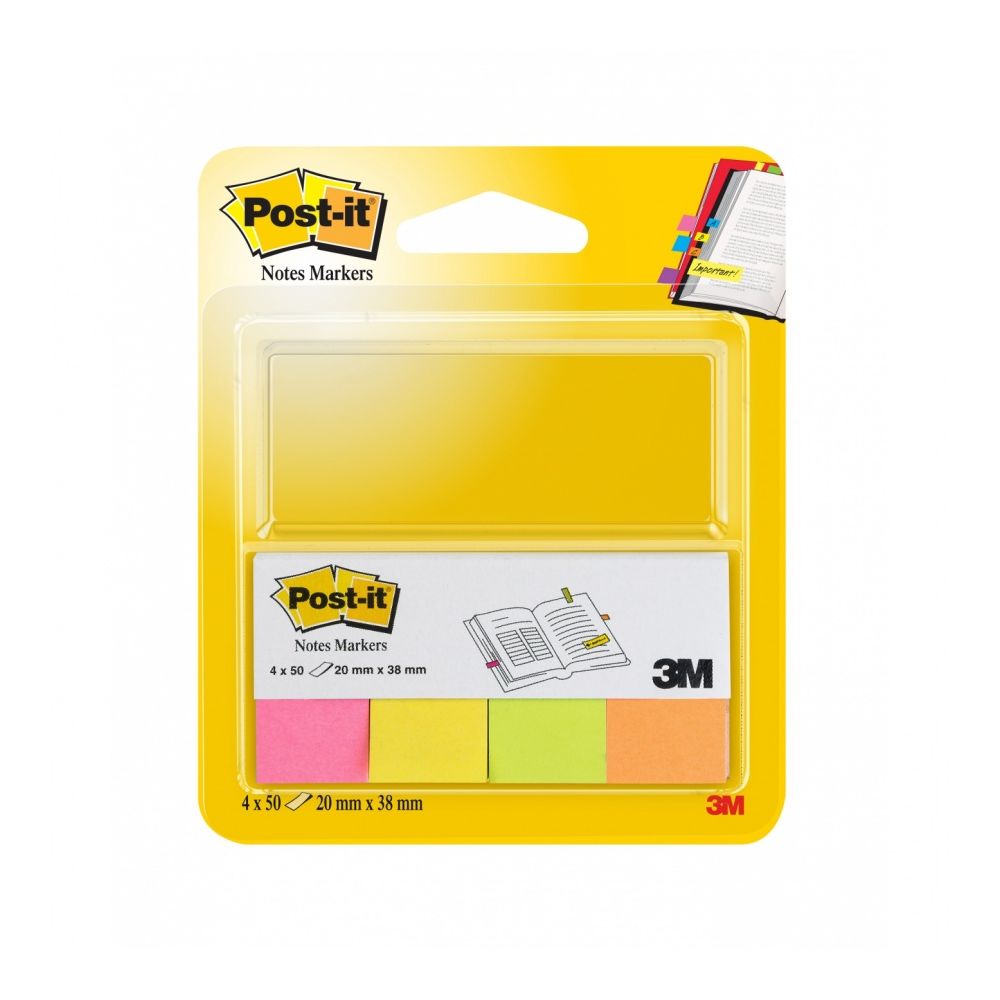 Самозалепващи индекси Post-it , хартиени, 20х38 мм, 4х50 л., микс, неонови