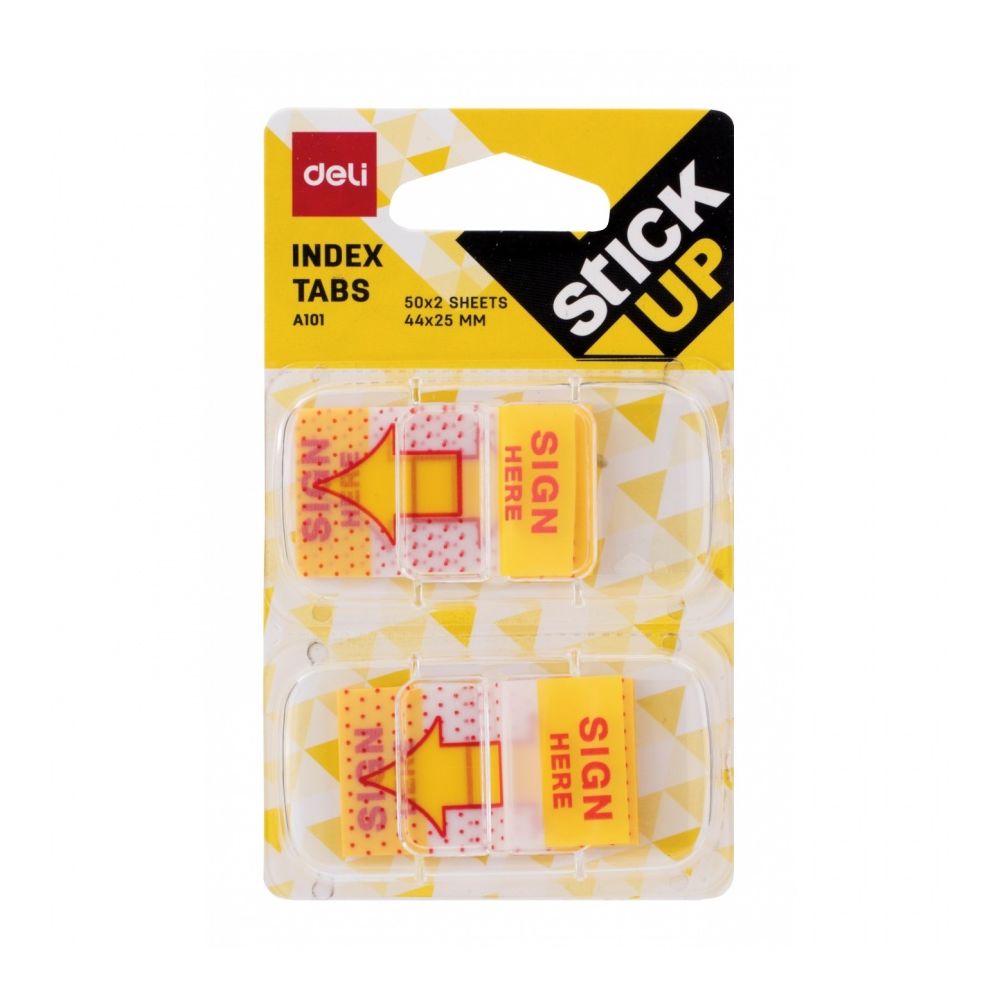 Самозалепващи индекси с диспенсър Deli Stick Up "Подпиши тук" EA10101, PVC, 44x25 мм, 2х50 л., жълти