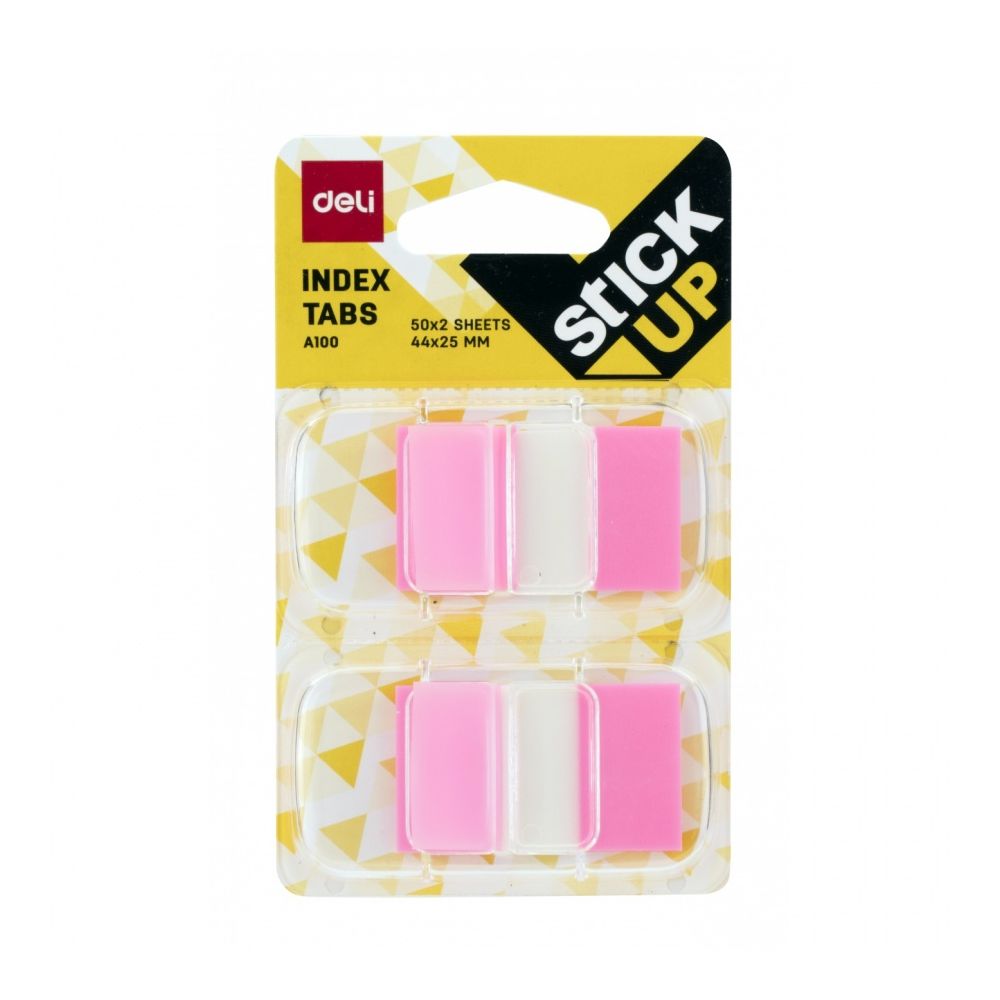 Самозалепващи индекси с диспенсър Deli Stick Up EA10001, PVC, 25х44 мм, 2х50 л., неоново розови