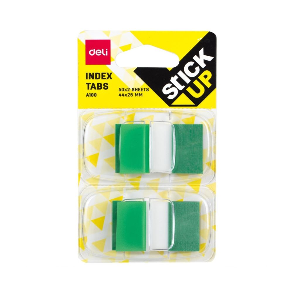 Самозалепващи индекси с диспенсър Deli Stick Up EA10001, PVC, 25х44 мм, 2х50 л., неоново зелени