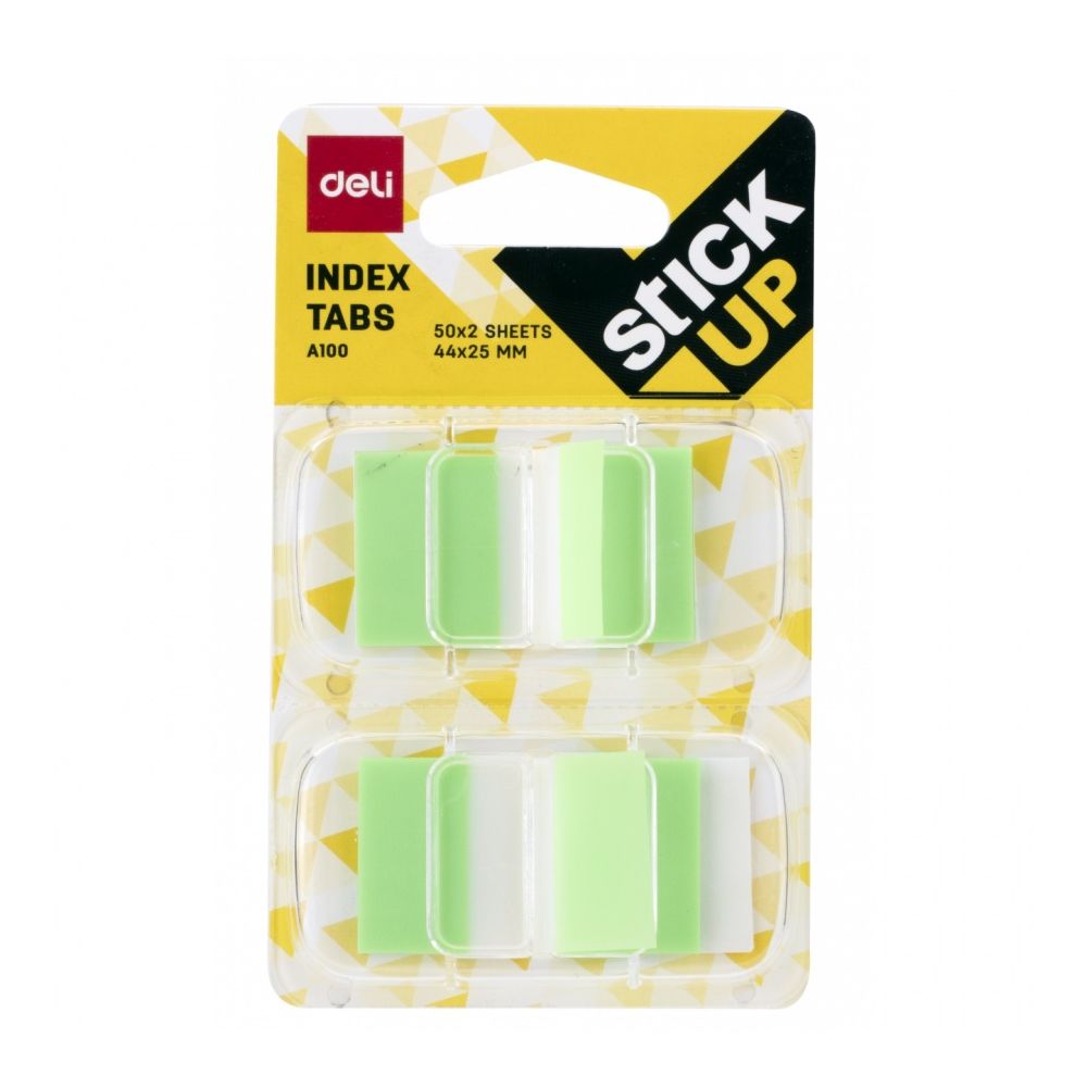 Самозалепващи индекси с диспенсър Deli Stick Up EA10001, PVC, 25х44 мм, 2х50 л., неоново зелени