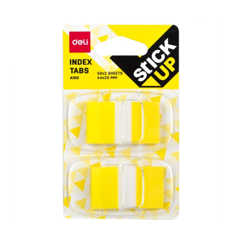 Самозалепващи индекси с диспенсър Deli Stick Up EA10001, PVC, 25х44 мм, 2х50 л., неоново жълти