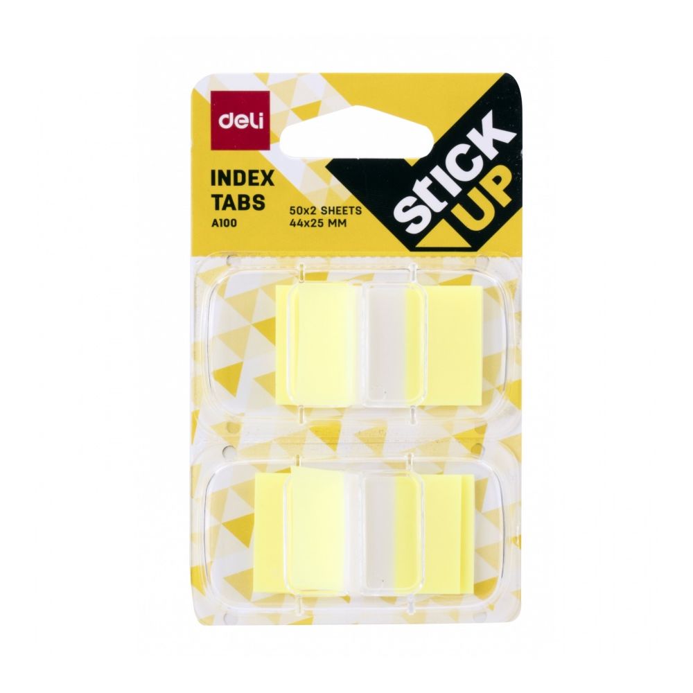 Самозалепващи индекси с диспенсър Deli Stick Up EA10001, PVC, 25х44 мм, 2х50 л., неоново жълти