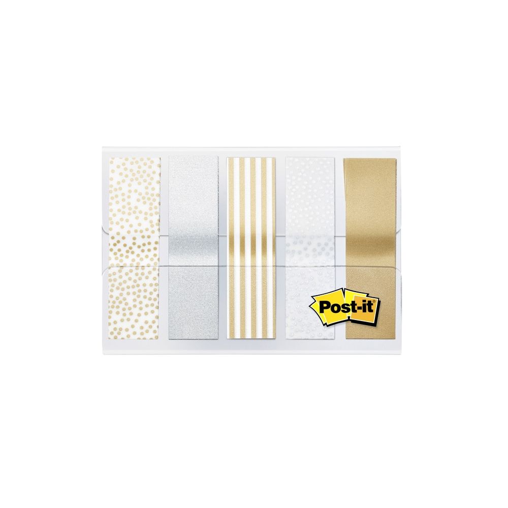 Самозалепващи индекси с печат Post-it Gold Metallic, PVC, 11.9х43.2 мм, 4х25 л., сребристи/златисти