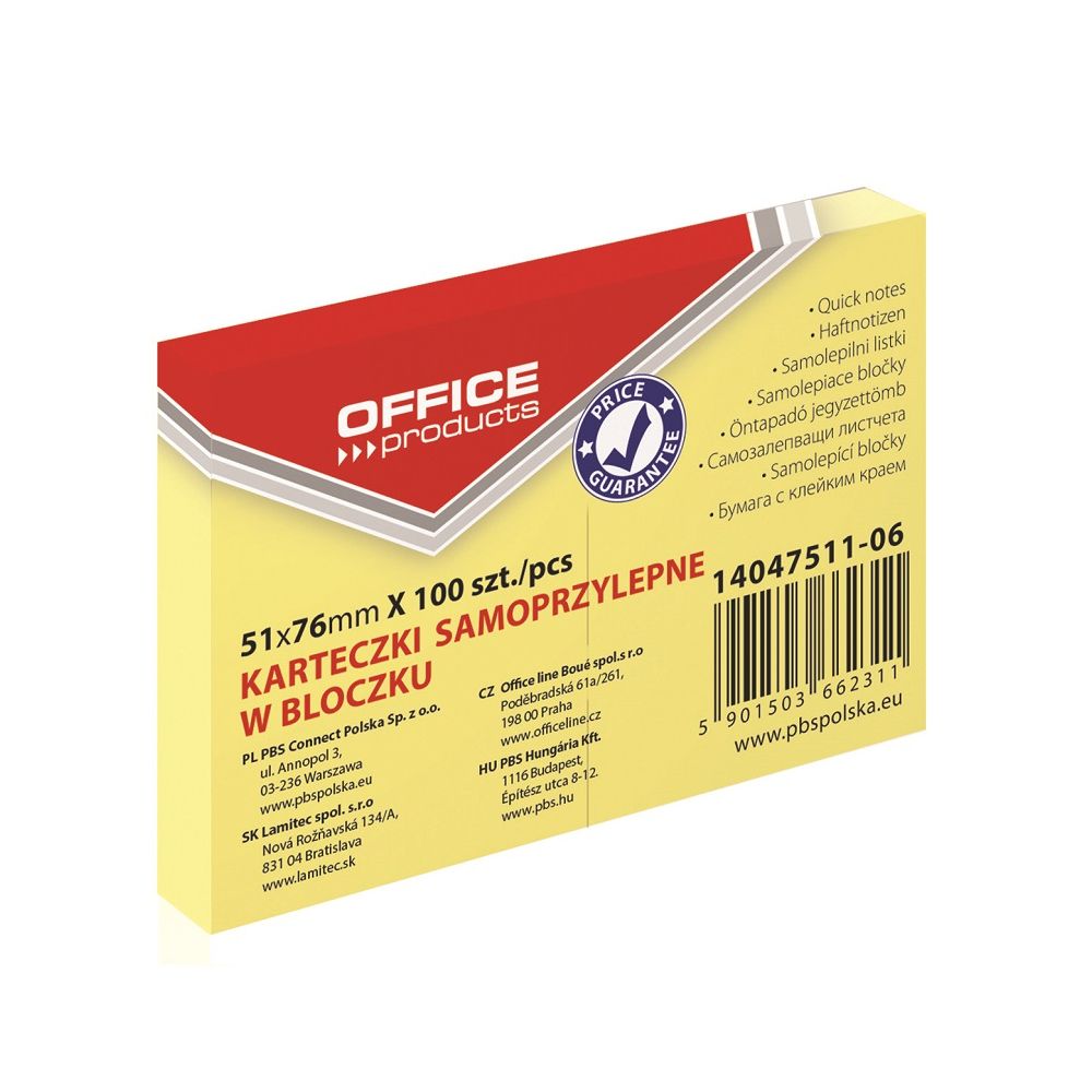 Самозалепващи листчета OFFICE PRODUCTS, 51х76 мм, 100 л., пастелно жълти