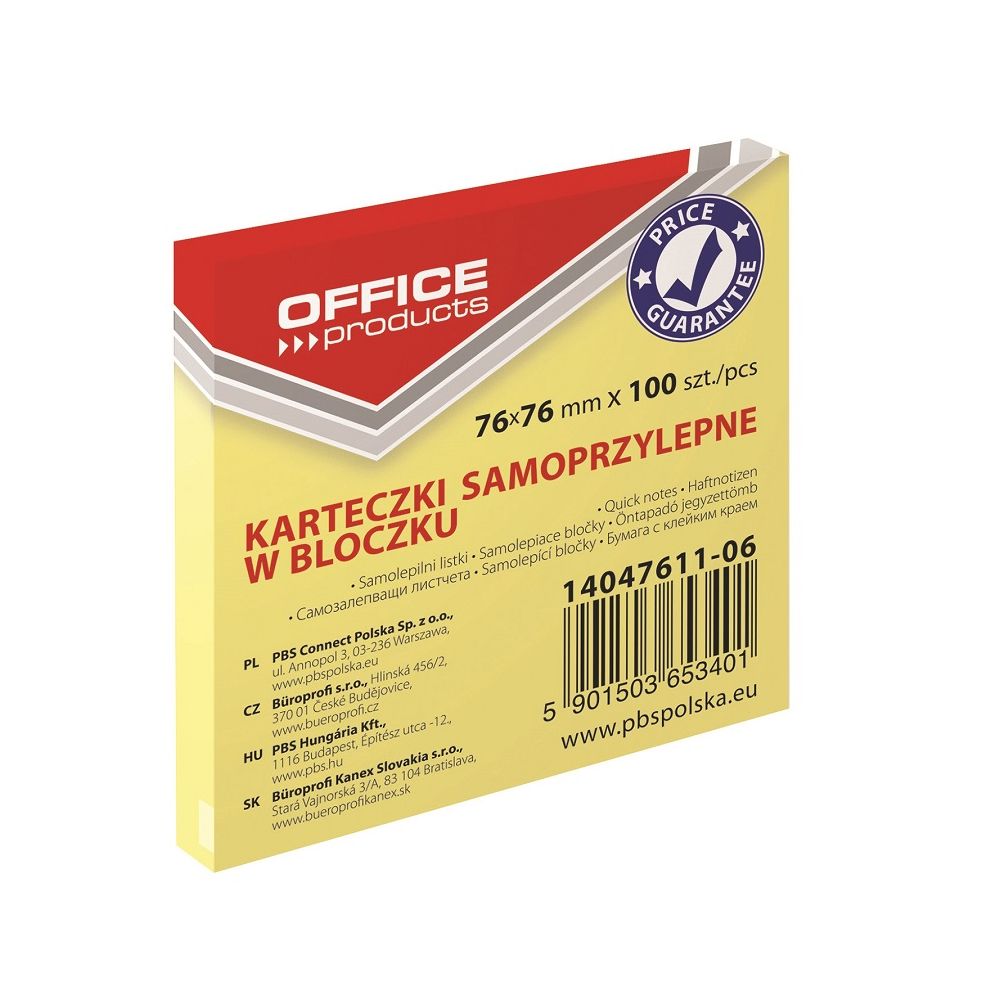 Самозалепващи листчета OFFICE PRODUCTS, 76х76 мм, 100 л., пастелно жълти