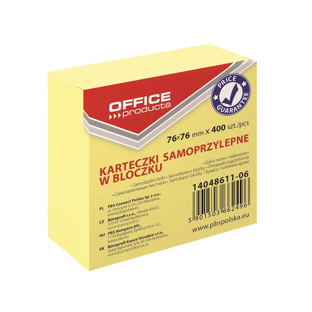 Самозалепващи листчета OFFICE PRODUCTS, 76х76 мм, 400 л., пастелно жълти