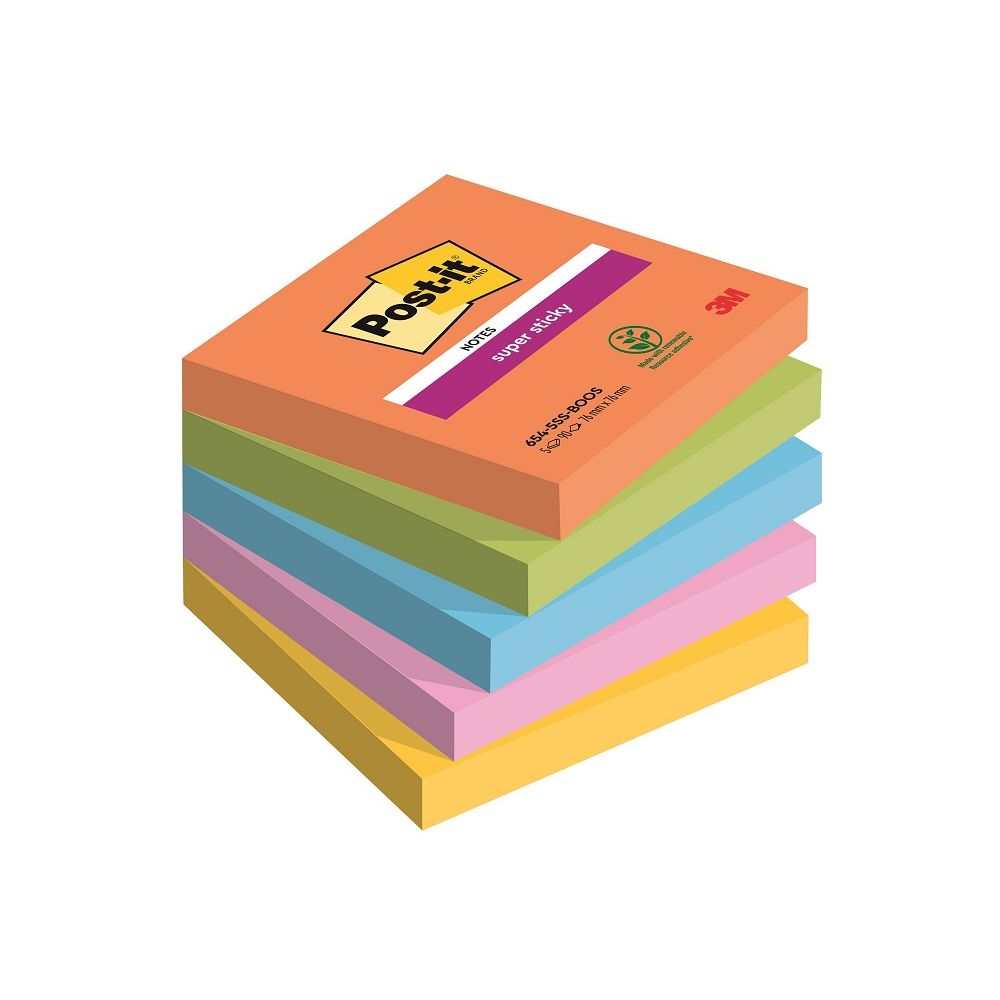 Самозалепващи листчета Post-it Super Sticky Boost, 76х76 мм, 5х90 л., микс, PEFC хартия
