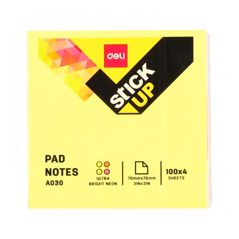 Самозалепващо кубче Deli Stick Up EA03003, 76х76 мм, 400 л., микс 4 цвята, неоново