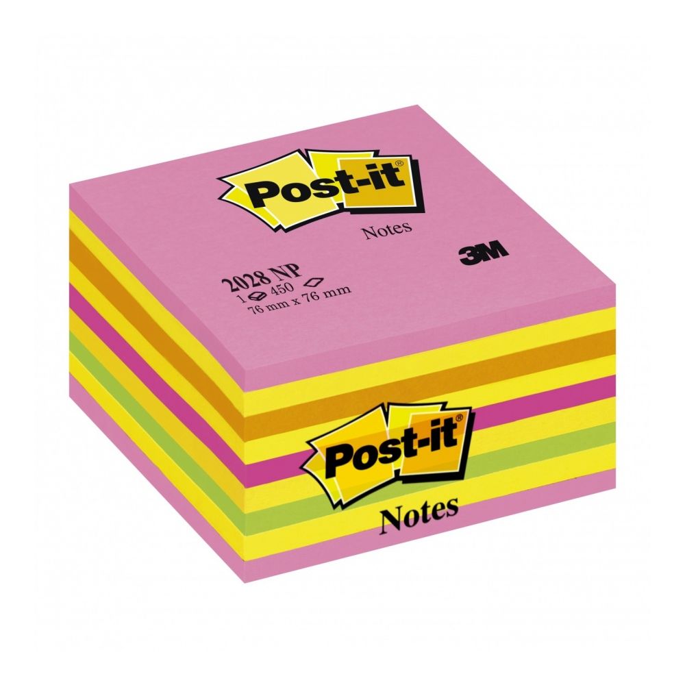 Самозалепващо кубче Post-it Assorted, 76х76 мм, 450 л., микс, неоново, PEFC хартия