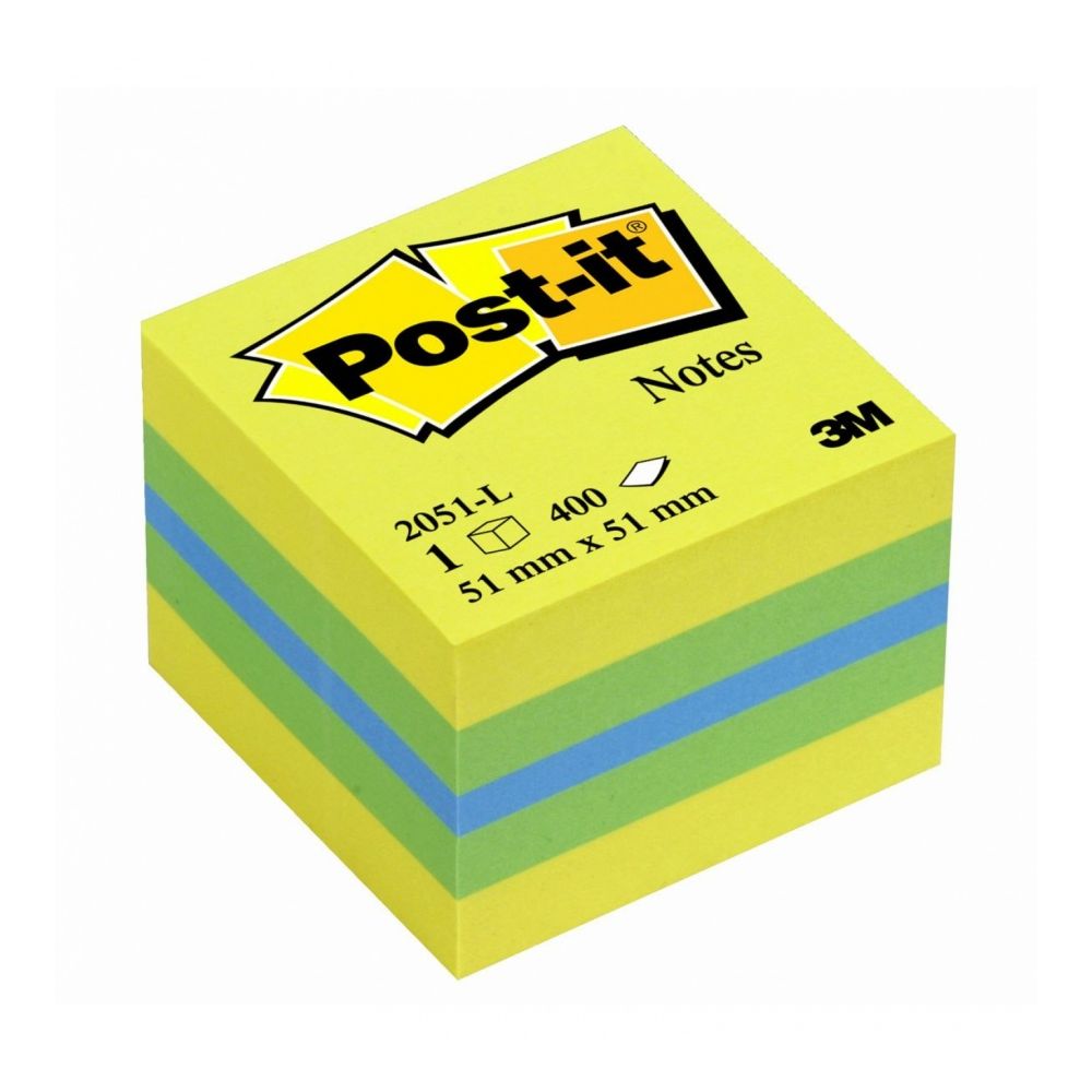 Самозалепващо мини кубче Post-it Lemon, 51х51 мм, 400 л., микс 3 цвята, неоново, PEFC хартия