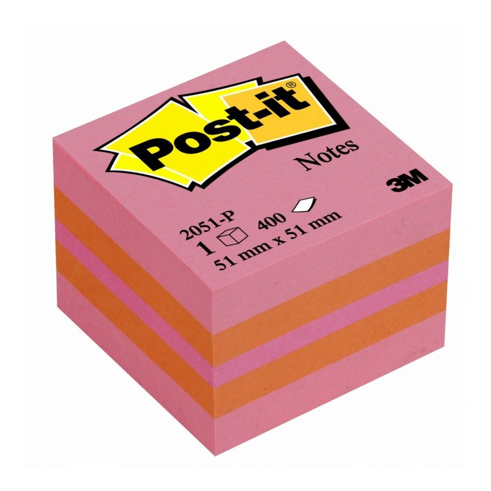 Самозалепващо мини кубче Post-it Pink, 51х51 мм, 400 л., микс 3 цвята, неоново, PEFC хартия