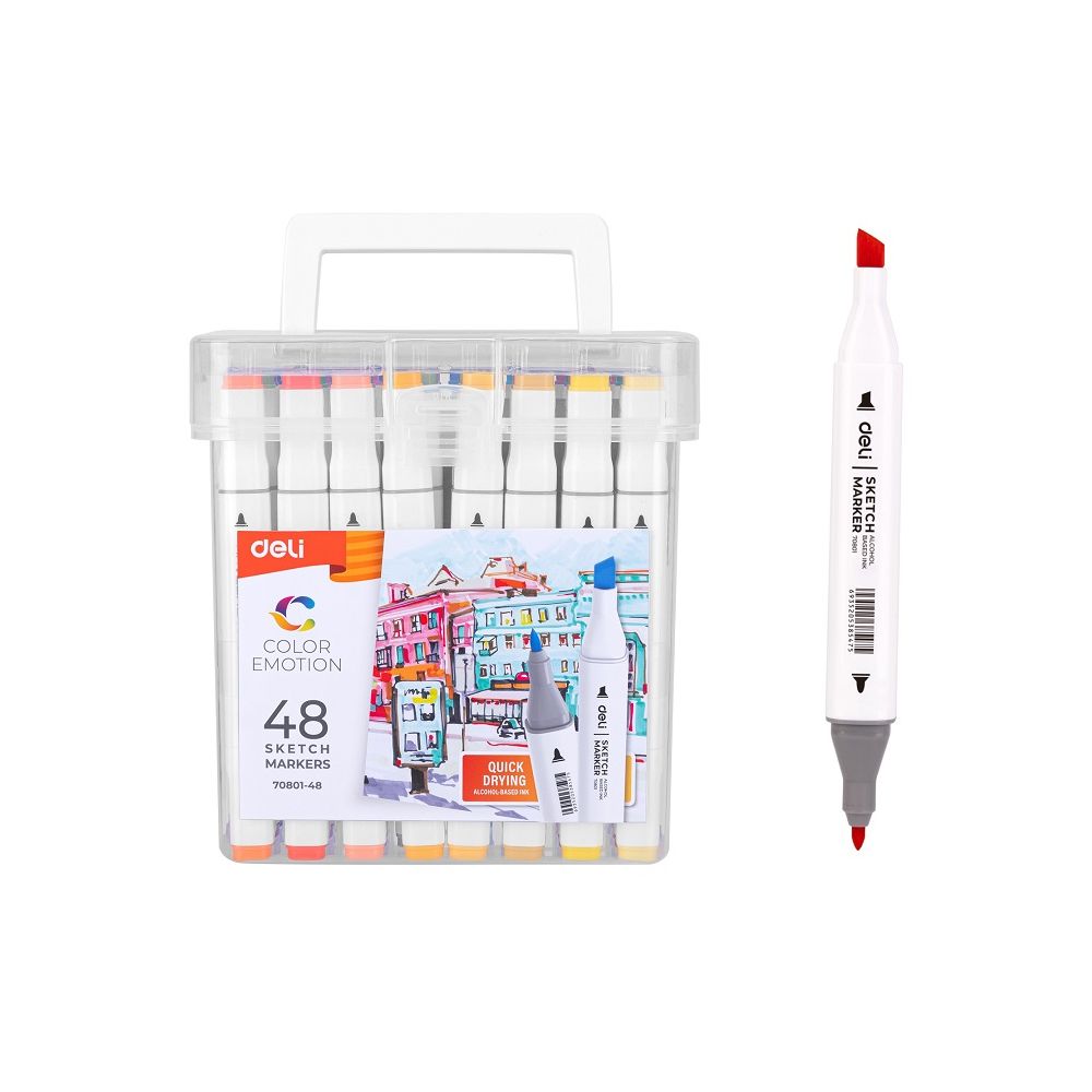 Sketch маркери Deli Color Emotion E70801-48, объл връх 1 мм, скосен връх 7 мм, 48 цвята