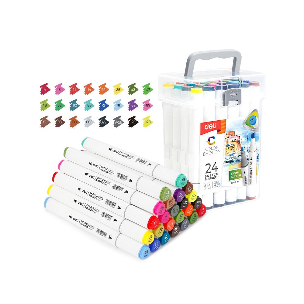 Sketch маркери Deli Color Emotion E70803-24, объл връх 1 мм, скосен връх 7 мм, 24 цвята