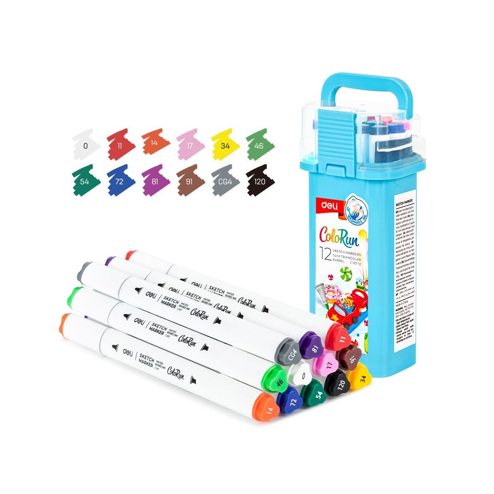 Sketch маркери Deli ColoRun EC187-12, объл връх 1 мм, скосен връх 5 мм, 12 цвята