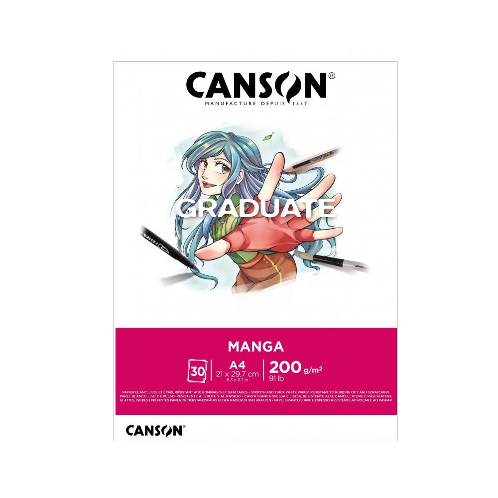 Скицник CANSON GRADUATE Manga, за тънкописци, маркери, акварел, A4, 200 г/кв.м, smooth, 30 л.