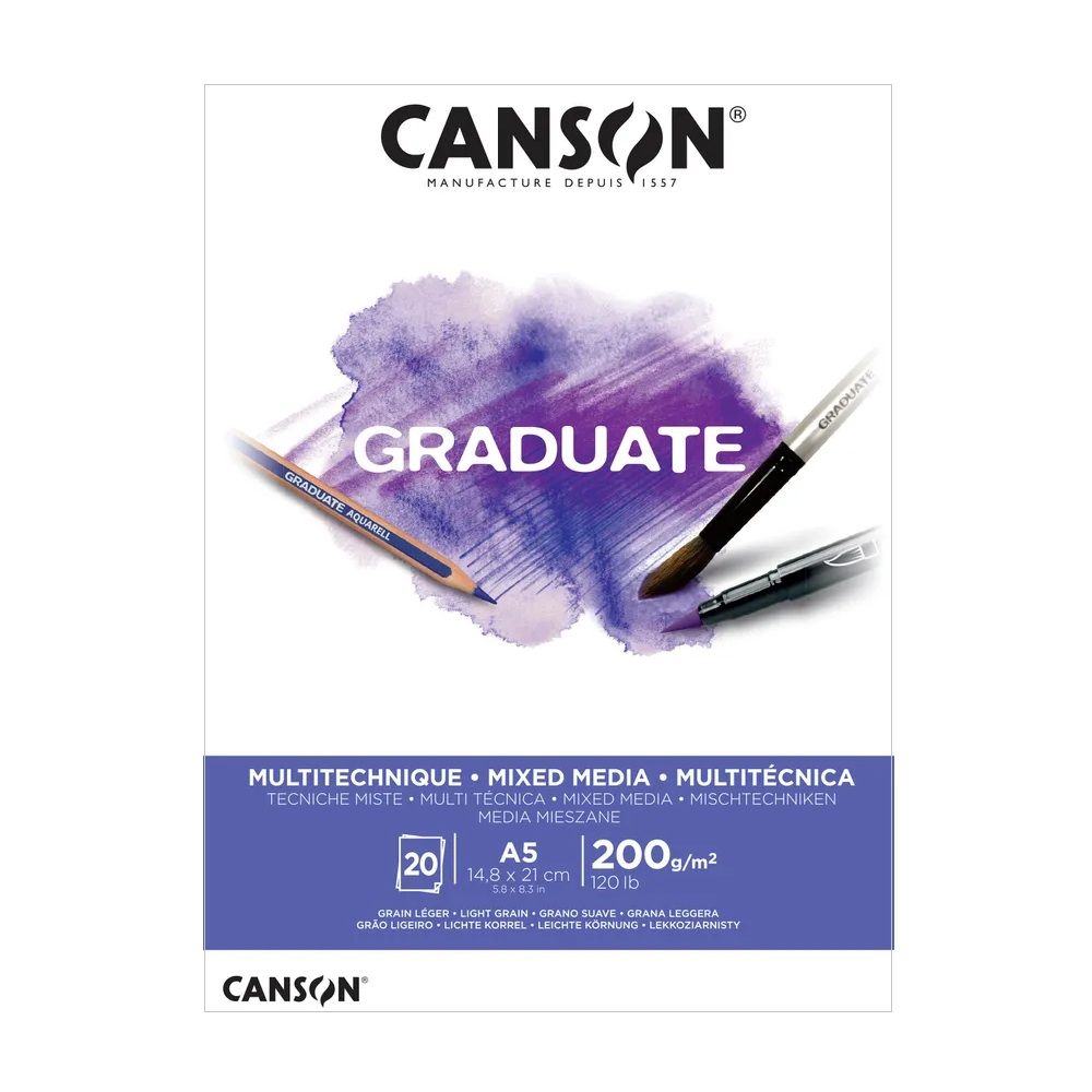 Скицник CANSON GRADUATE Mixed Media, за акварел, моливи, маркери, A5, 200 г/кв.м, light grain, 20 л.