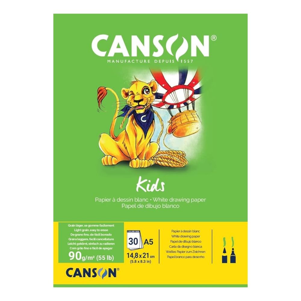 Скицник CANSON KIDS Drawing, за моливи, маркери, пастели, A4, 90 г/кв.м, light grain, 30 л.