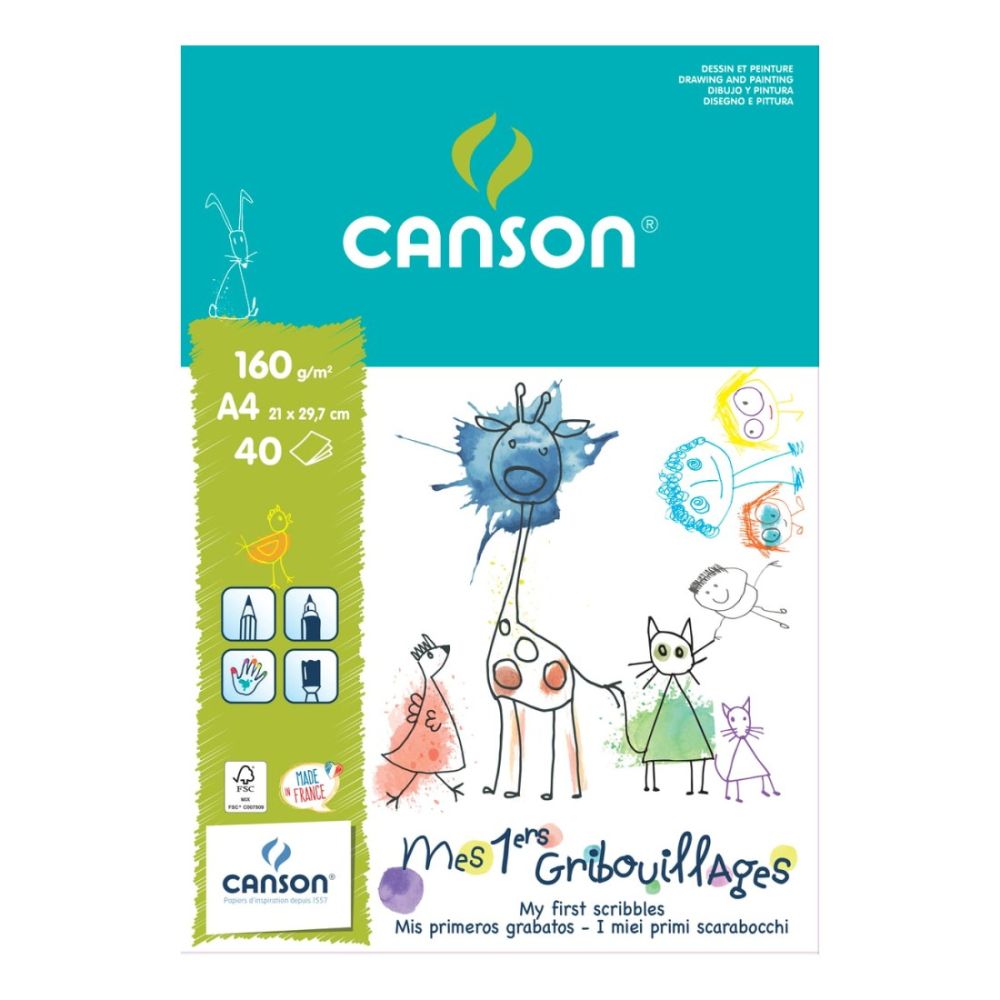 Скицник CANSON KIDS, за моливи, маркери, пастели, акварел, A4, 160 г/кв.м, light grain, 40 л.