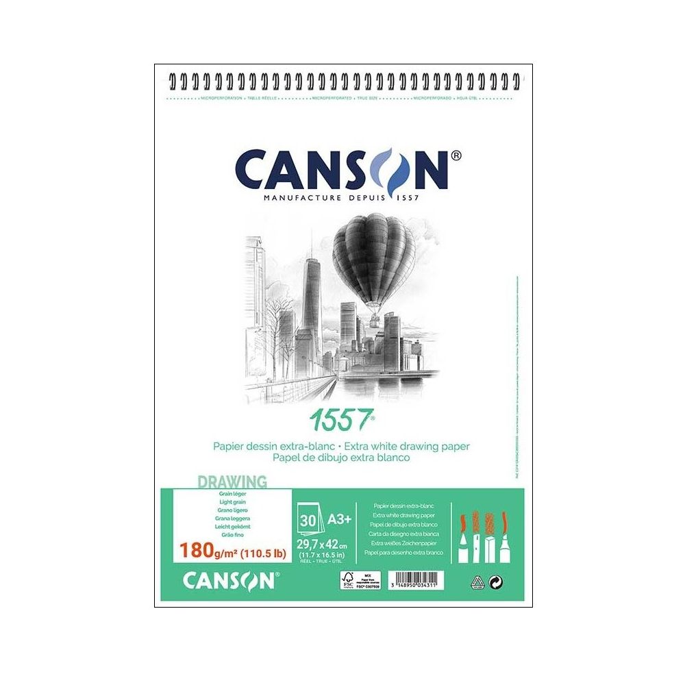 Скицник със спирала CANSON 1557, за молив, въглен, пастел, мастило, A3+,180 г/кв.м, light grain,30 л