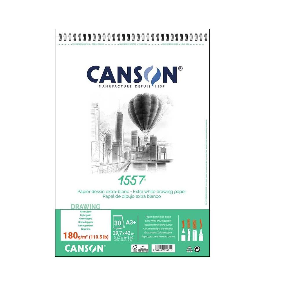 Скицник със спирала CANSON 1557, за молив, въглен, пастел, мастило, A4+,180 г/кв.м, light grain,30 л
