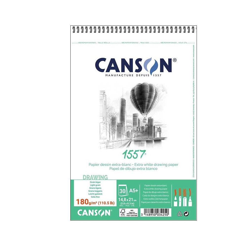 Скицник със спирала CANSON 1557, за молив, въглен, пастел, мастило, A5+,180 г/кв.м, light grain,30 л