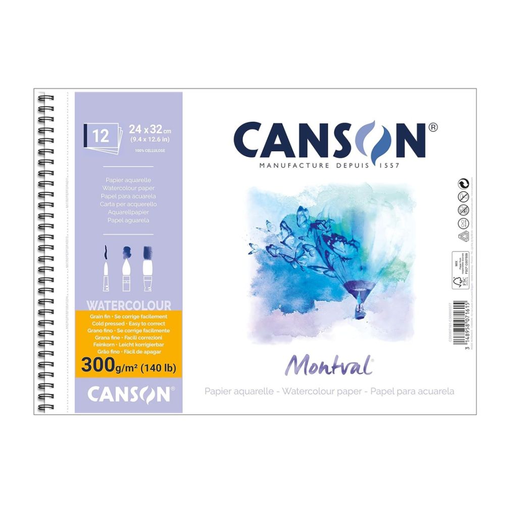 Скицник със спирала CANSON Montval, за акварелни бои, 240х320 мм, 300 г/кв.м, cold pressed, 12 л.