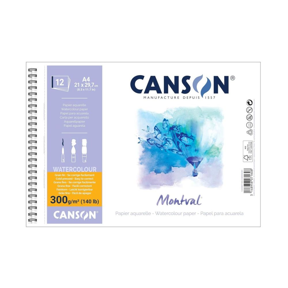 Скицник със спирала CANSON Montval, за акварелни бои, A4, 300 г/кв.м, cold pressed, 12 л.