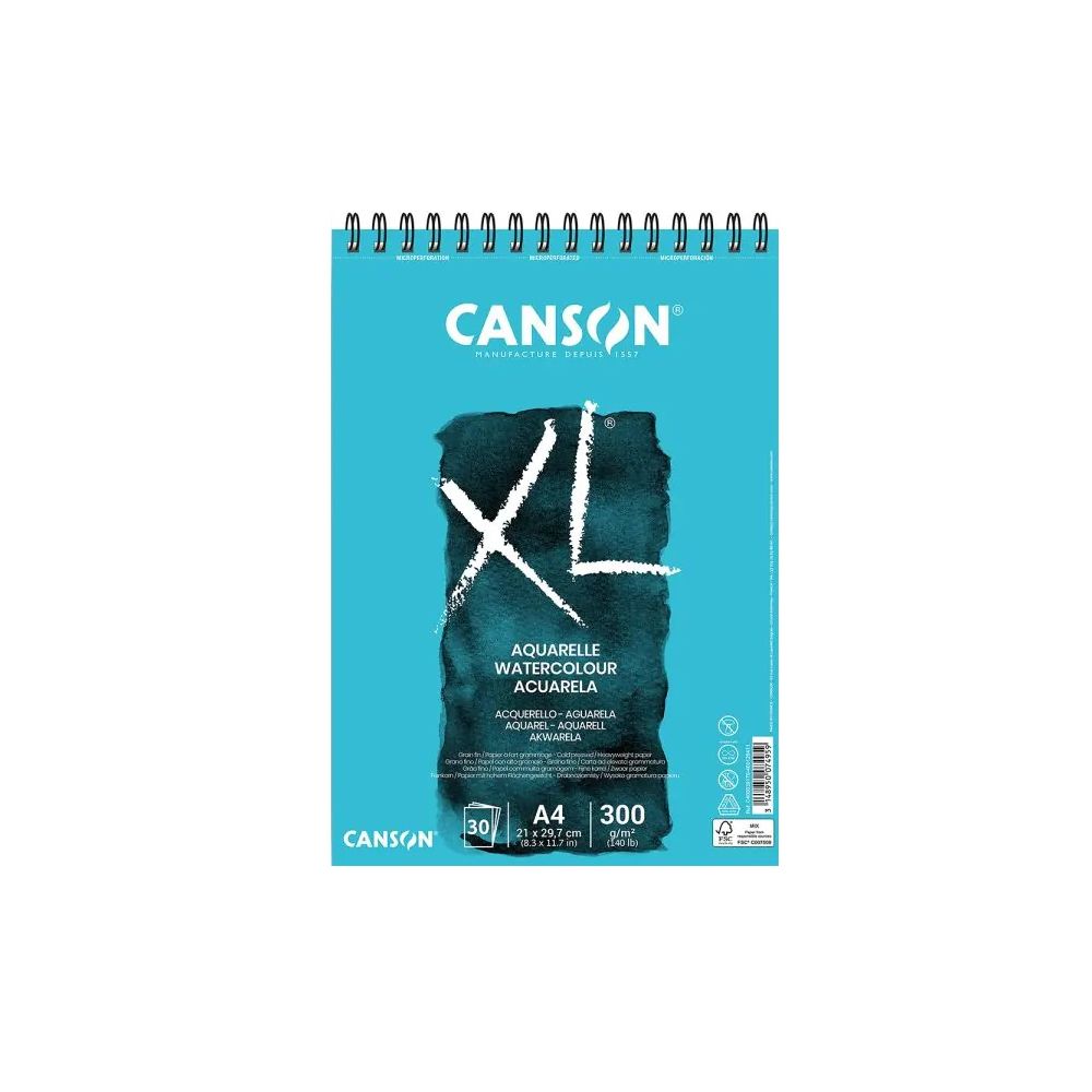 Скицник със спирала CANSON XL Aquarelle, за мокри техники, A4, 300 г/кв.м, cold pressed, 30 л.