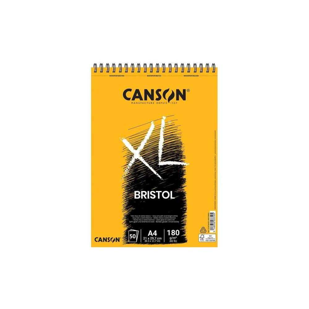Скицник със спирала CANSON XL Bristol, за молив, мастило, маркери, A4, 180 г/кв.м, very smooth, 50 л