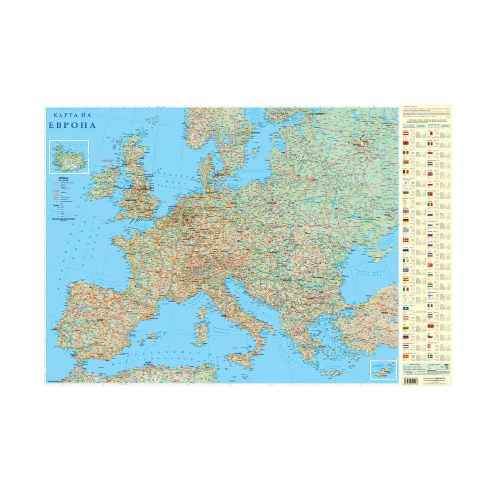 Стенна карта на Европа, физикогеографска, с алуминиеви лайсни , 100 х 70 см, мащаб 1:4 500 000