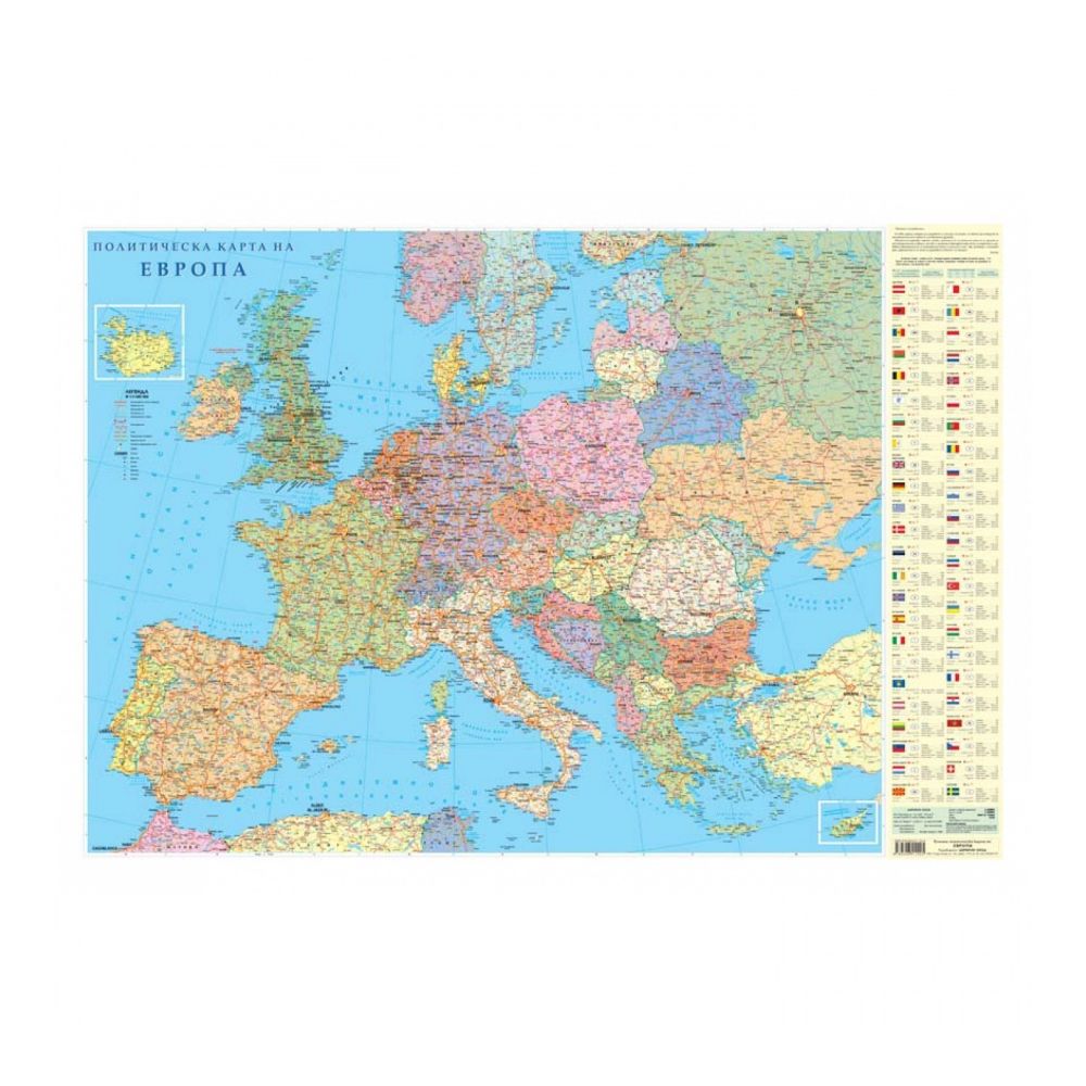 Стенна карта на Европа, политическа, с алуминиеви лайсни, 100 х 70 см, мащаб 1:4 500 00
