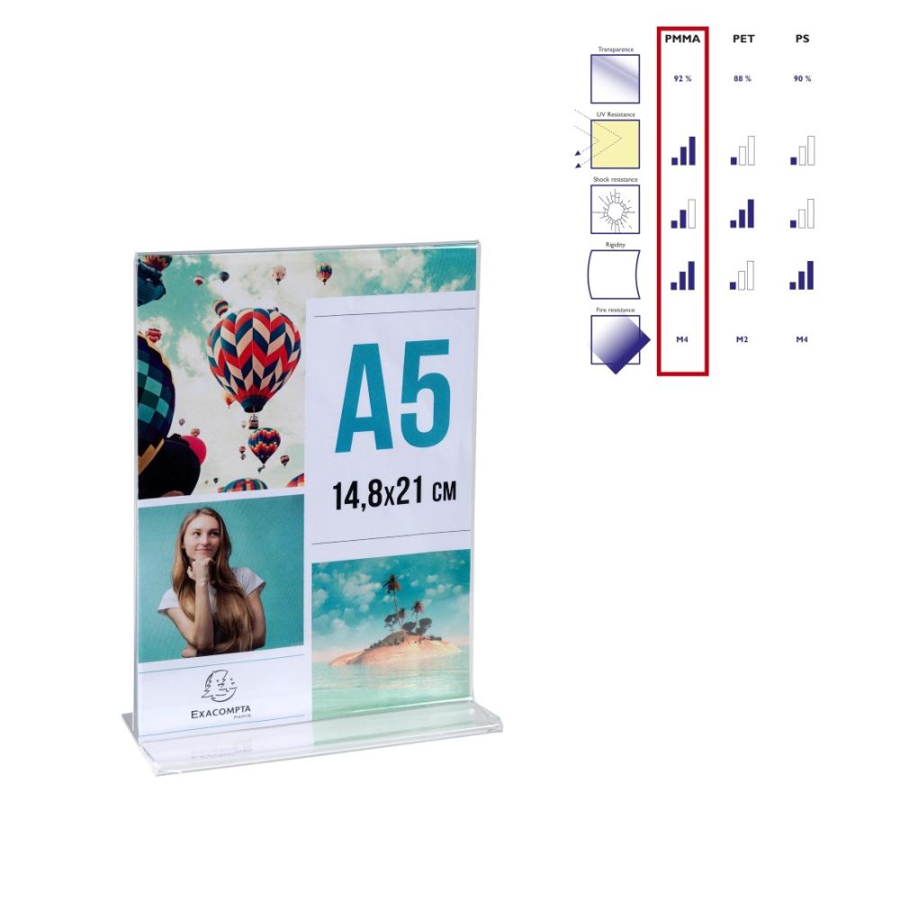 T-образна поставка за брошури EXACOMPTA, А5 150x55x214 мм, настолна, кристална (PMMA)