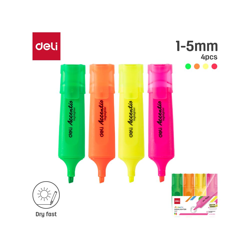 Комплект текстмаркери Deli Accentio ES622, скосен връх 1-5 мм, 4 цвята неон