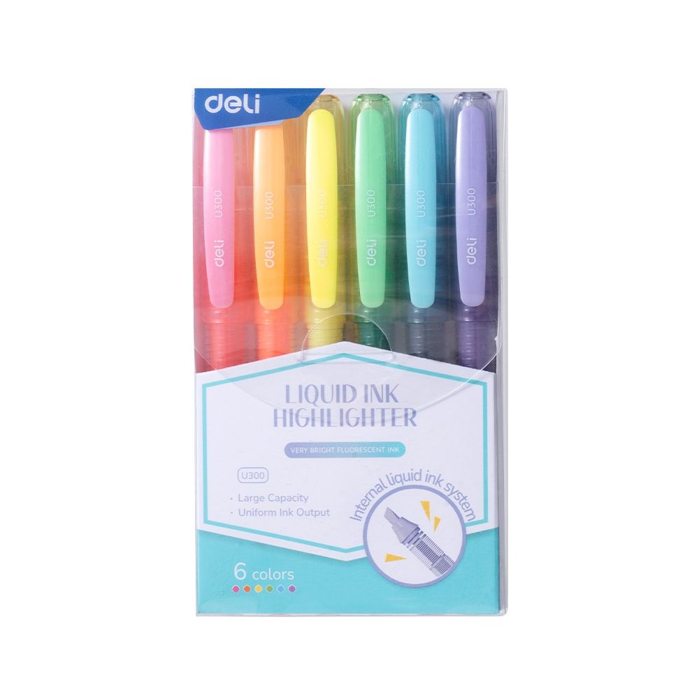 Комплект текстмаркери Deli EU300, течно мастило, скосен връх 1-3.5 мм, 6 цвята неон