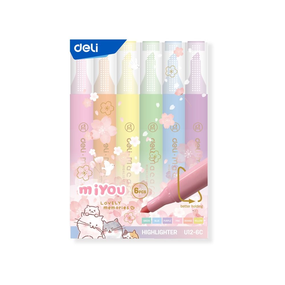 Комплект текстмаркери Deli MiYou EU12-6C, скосен връх 1-4 мм, 6 цвята пастел