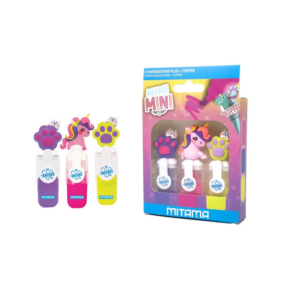 Текстмаркери MITAMA Fluo Mini с Topper на кпачката, скосен връх 2-5 мм, 3 цвята